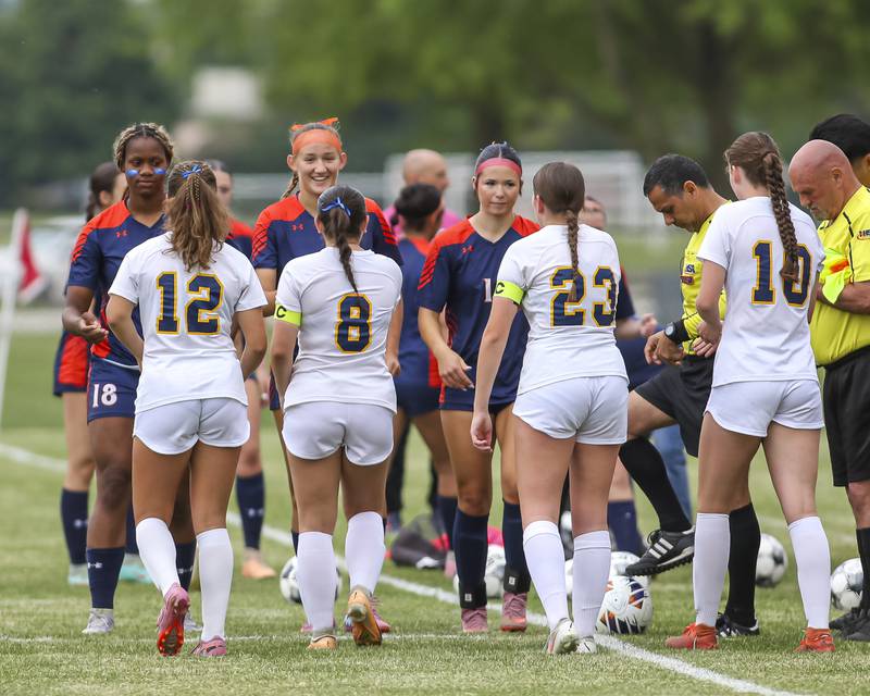 Oswego and Neuqua Valley meet during introductions before their Class 3A regional final soccer match at Oswego.