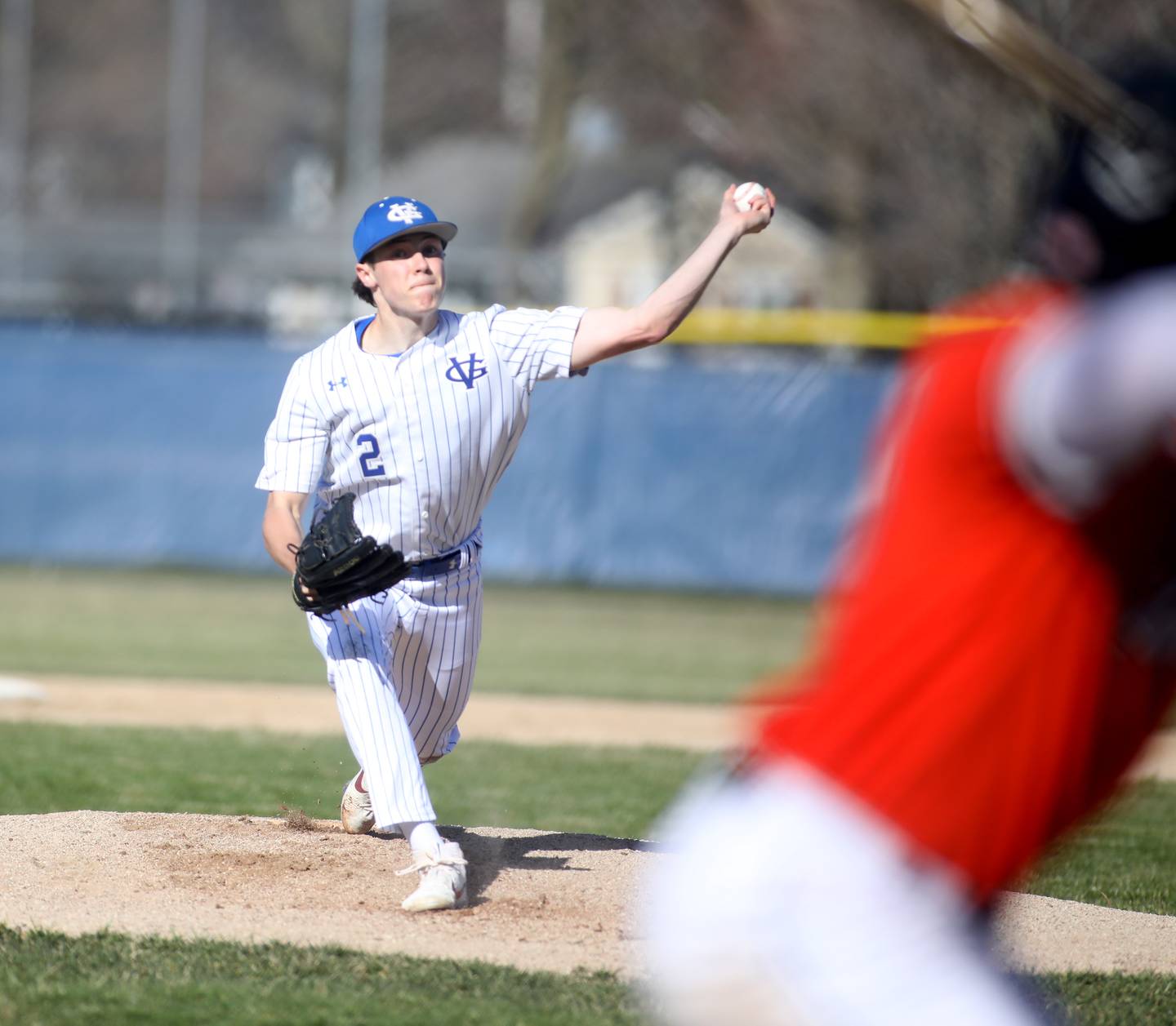 Geneva pitcher Bryce Breon throws during a home game against Wheaton Warrenville South on Monday, April 8, 2024.