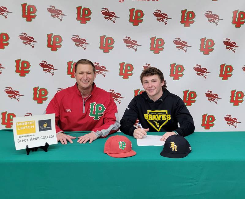 La Salle-Peru senior Mason Lynch (right) signed to play baseball at Black Hawk College. He was joined by L-P coach Matt Glupczynski. As a junior, Lynch was 4-1 with a 1.85 ERA in 30 1/3 innings on the mound for the Cavaliers.