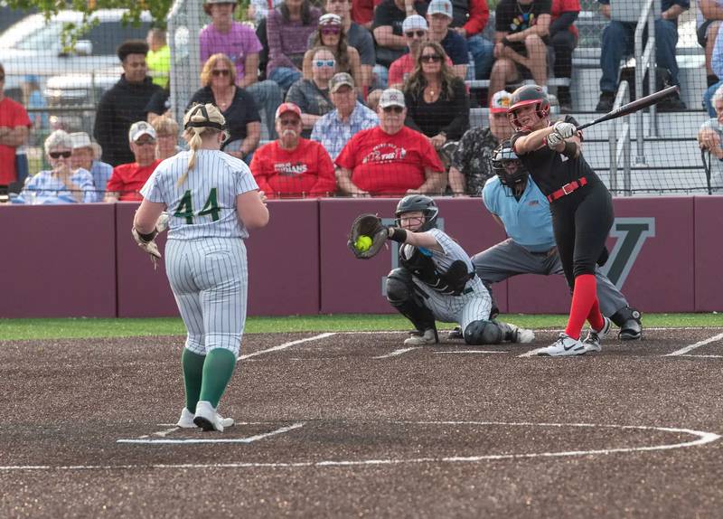 St. Bede's.Macy Strauch gets a swing and miss against Brimfield in Friday's sectional softball championship game in Chillicothe.