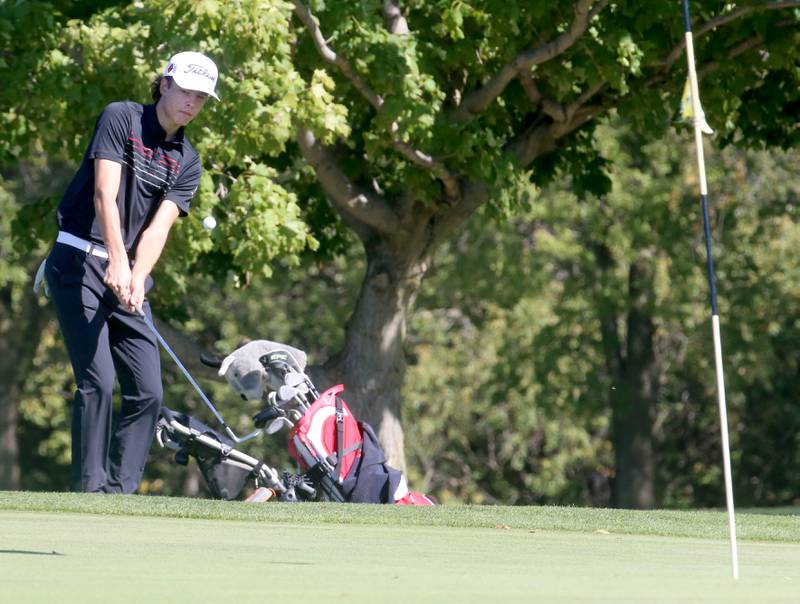 Hall's Noah Plym hits his ball toward the 8th hole during the Class 1A golf meet on Wednesday, Oct. 2, 2024 at Spring Creek Golf Course in Spring Valley.