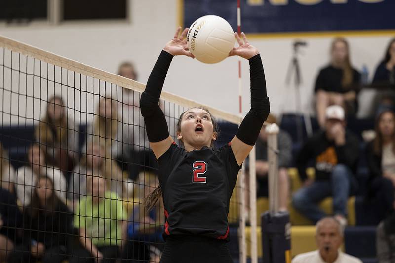 Fulton’s Brooklyn Brennan sets the ball in game one of their semifinal regional match Wednesday, Oct. 26, 2022 against Polo.