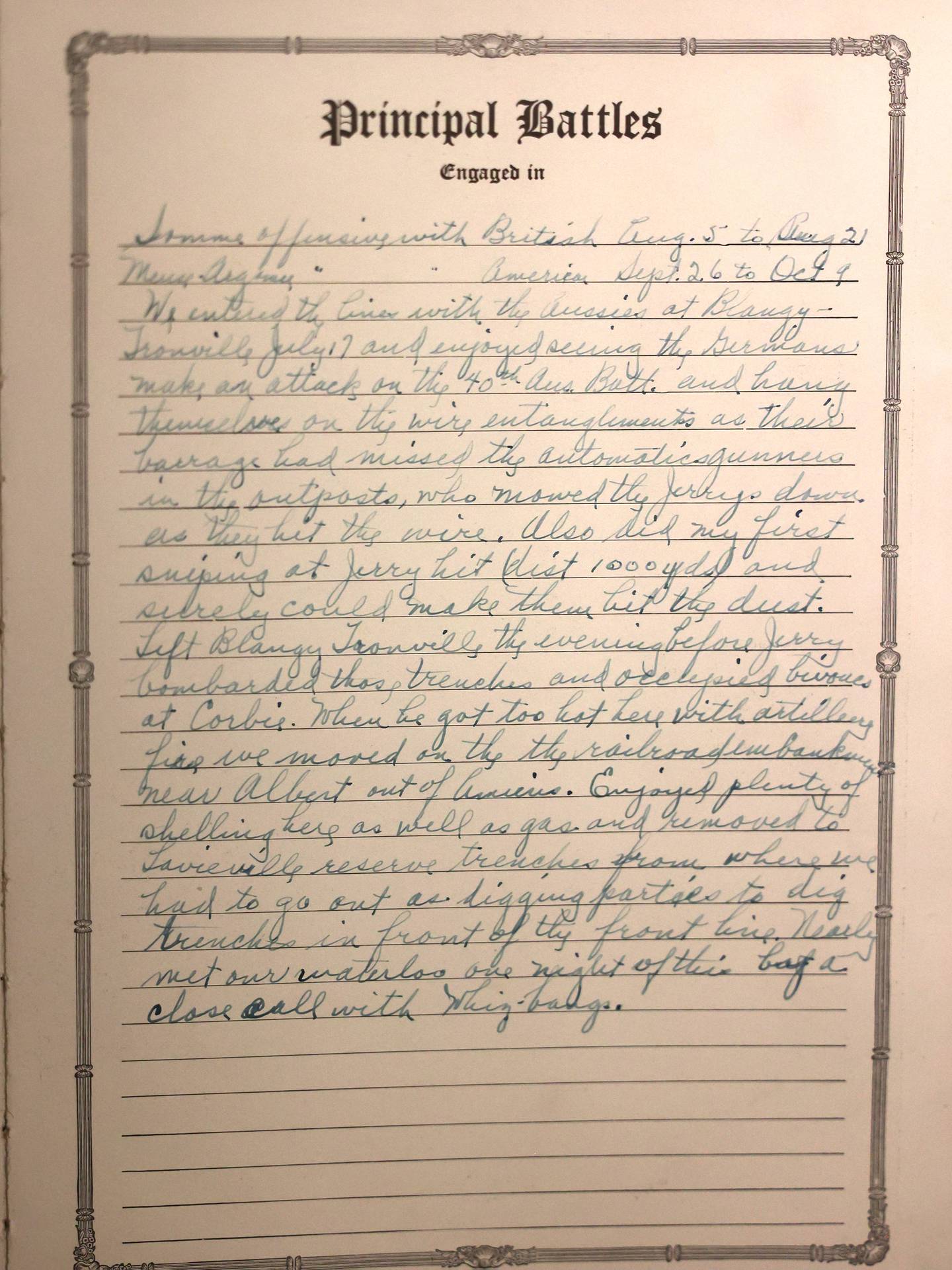 WWI U.S. Army soldier Albert Leonhard wrote down his memories from his battle experiences inside his service record book that was recently purchased by DeKalb resident John Wright at a local estate sale.