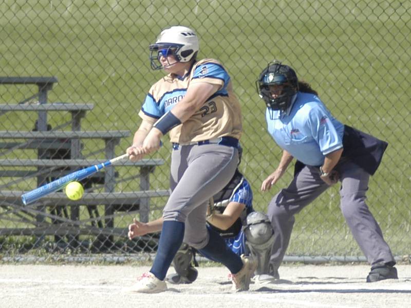 Marquette's Taylor Cuchra connects on a pitch. Marquette traveled to Newman to play a game on Friday, May 16, 2025.
