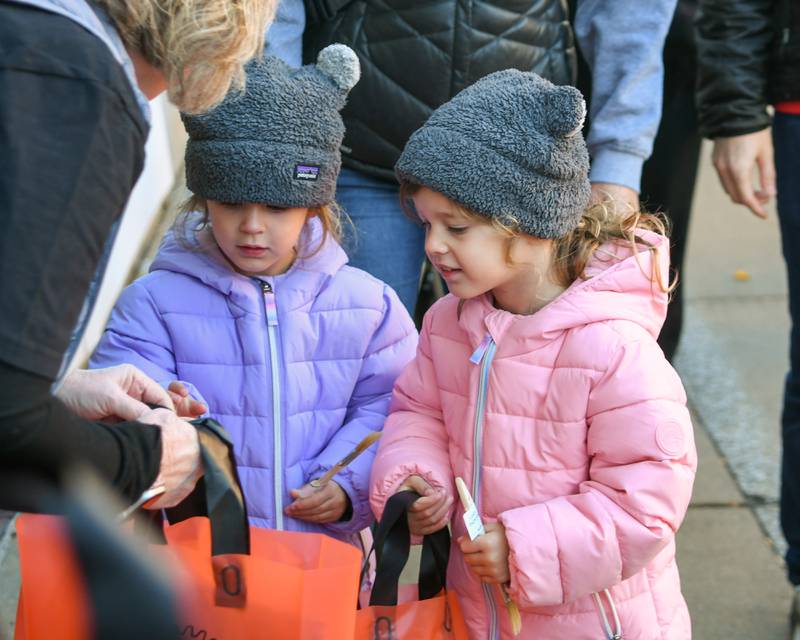 Percy Scheldrup, right, and Penny Scheldrup both 3 and half years old of Downers Grove receive their paint supplies on Saturday Oct. 26, 2024, during the downtown Downers Grove Halloween window painting event.