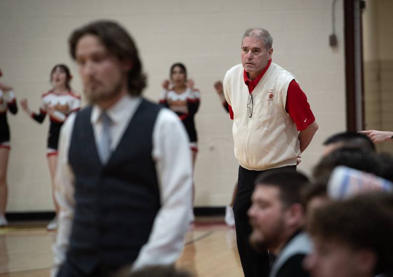 St. Anne's head coach Rick Schoon watches his team on the floor against Clifton Central in the RVC Tournament Championship on Friday, Feb. 13, 2026.