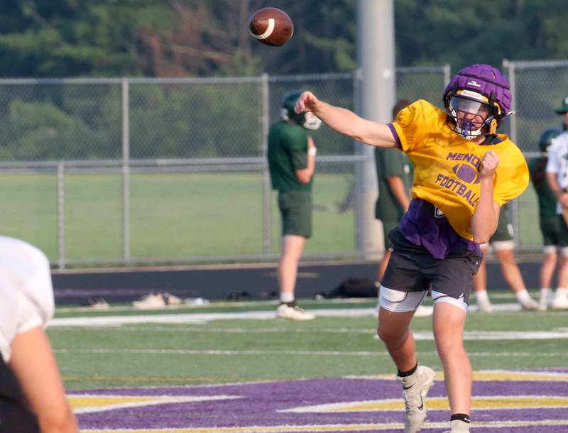 Mendota quarterback Aden Tillman throws a pass during a joint practice on Thursday, July 31, 2025 at Mendota High School.