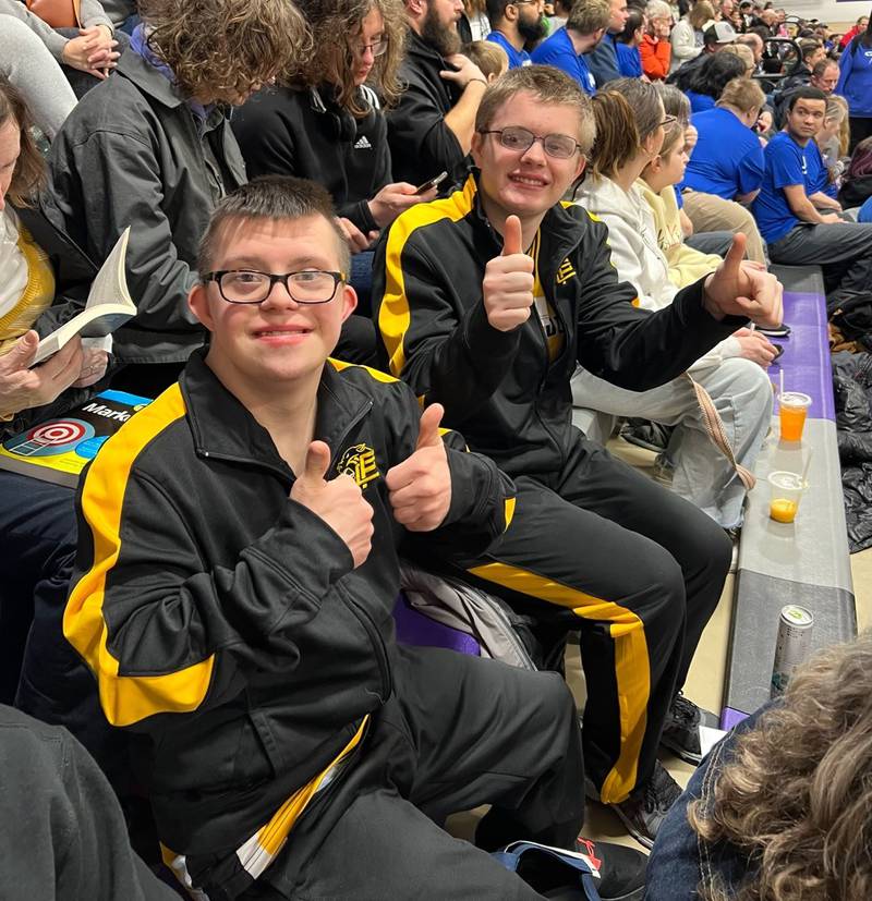 Putnam County's Blake Baker (left) won the gold medal and Matthew Schennum claimed a bronze medal in the Region 7 Special Olympics Basketball Skills competition at Dixon. Baker advanced to the State level in March.