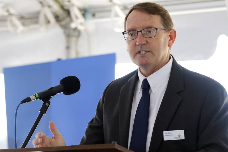 Crystal Lake Chamber of Commerce President Bill Eich speaks to attendees during a ground breaking ceremony for a new Mercyhealth hospital at the intersection of Three Oaks Road and Rt. 31 on Wednesday, June 16, 2021 in Crystal Lake.