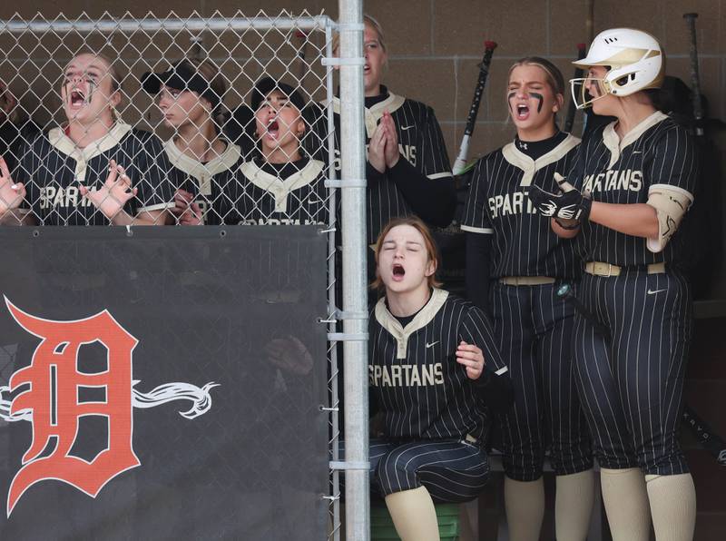 The Sycamore bench gets loud as they bat Friday, May 2, 2025, during their game at DeKalb High School.