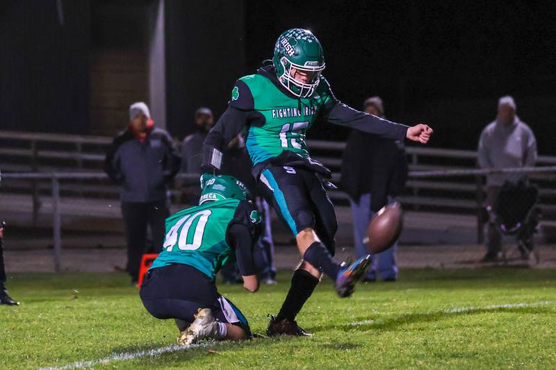 Paxton Giertz of Seneca kicks ball on Friday, November 1, 2024 at Seneca High School in Seneca.