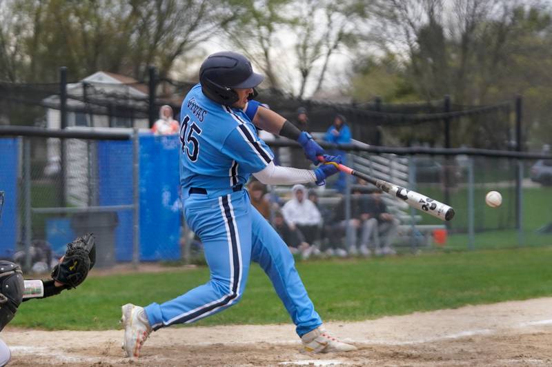 Lake Park's Gustavo Vivas Noriega (45) singles against Geneva during a baseball game at Geneva High School on Wednesday, April 17, 2024.