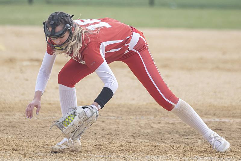 Oregon’s Ava Hackman plays a grounder at on the mound Wednesday, April 5, 2023 against Dixon.