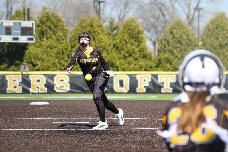 Herscher's Lillian Tucek releases a pitch during their game against Bradley-Bourbonnais on Monday, March 23, 2026.