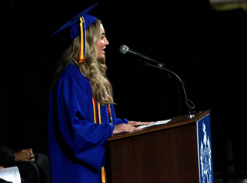 Geneva High School graduate Ellie Grantcharov gives the opening speech during the school’s commencement ceremony on Tuesday, June 3, 2025 at Northern Illinois University in DeKalb.