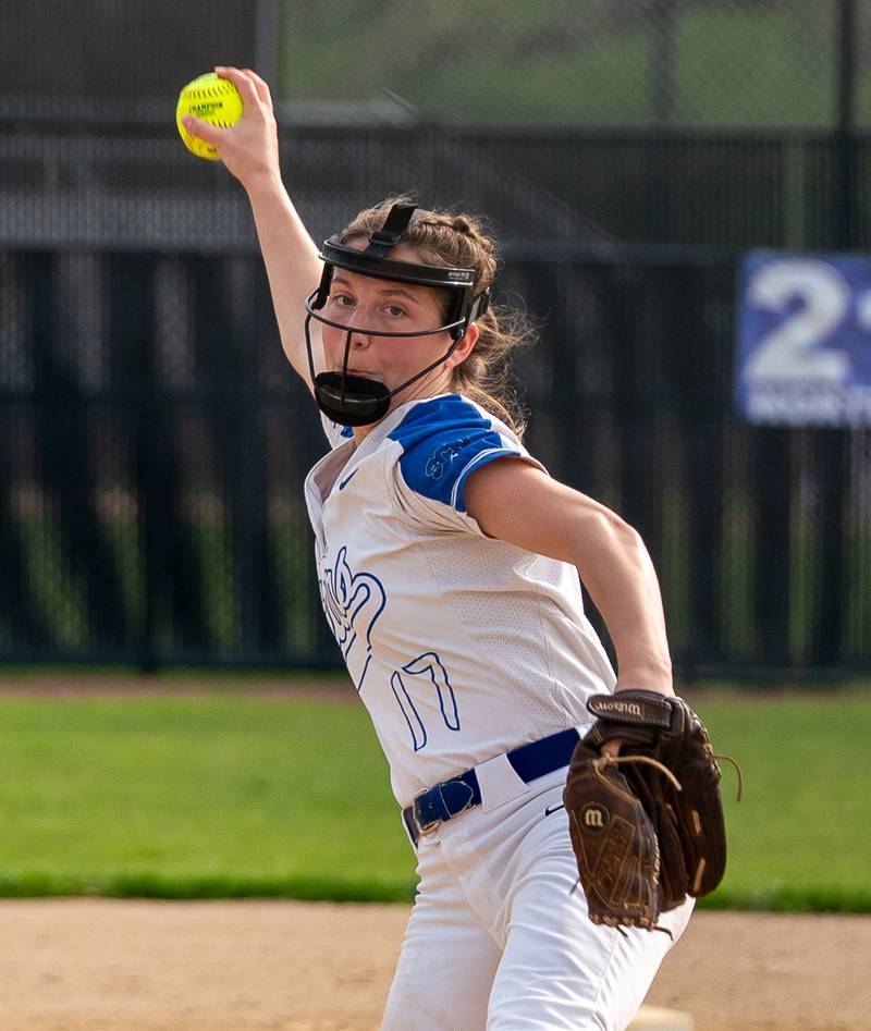 St. Charles North's Ava Goettel (17) delivers a pitch against Lake Park during a softball game at St. Charles North High School on Wednesday, May 11, 2022.
