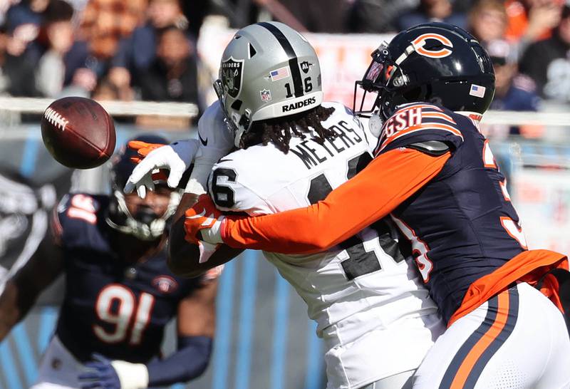 Chicago Bears cornerback Jaylon Johnson breaks up a pass intended for Las Vegas Raiders wide receiver Jakobi Meyers during their game Sunday, Oct. 22, 2023, at Soldier Field in Chicago.