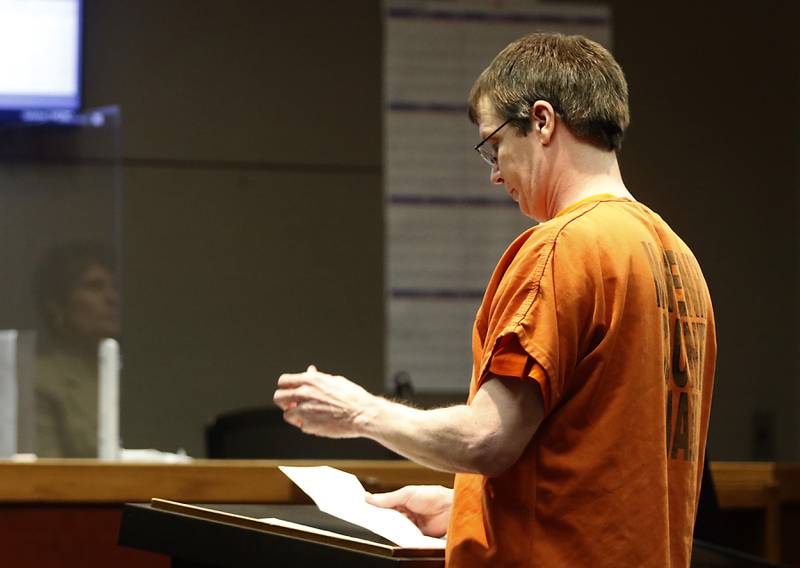William P. Linke speaks to the court during his hearing Thursday, April 14, 2022, before Judge Robert Wilbrandt at the McHenry County Michael J. Sullivan Judicial Center in Woodstock. Linke was one of three people charged in the March 2020 murder of Robert Krikie Jr., a homeless man whose body was found floating in the water at Three Oaks Recreation Area in Crystal Lake.