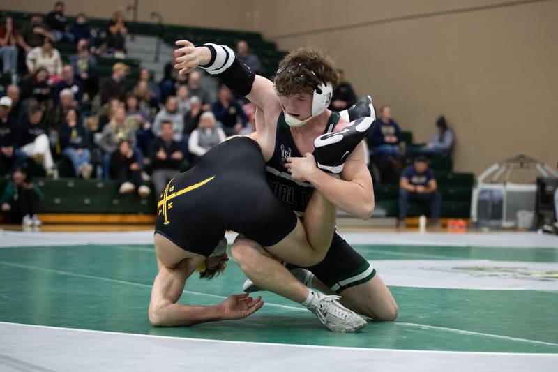 Coal City's Mason Garner, top, and Yorkville's Tyler Gleason wrestle in the 165-pound match during the IHSA Class 1A Coal City Dual Team Sectional on Thursday, Feb. 5, 2026.