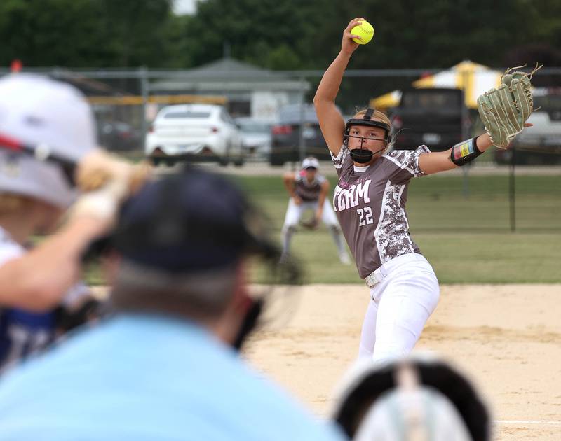 Kishwaukee Valley Storm's Courtney Troutt delivers a pitch Friday, June 27, 2025, during their 16u game against Northern Ice in the Storm Days tournament at the Sycamore Community Sports Complex.