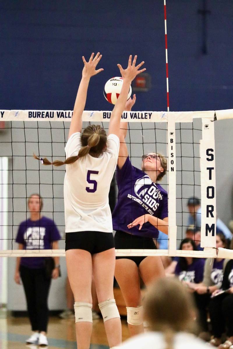 Bureau Valley senior Emma Stabler hits against Princeton's Karsyn Brucker Tuesday night at the Storm Cellar.