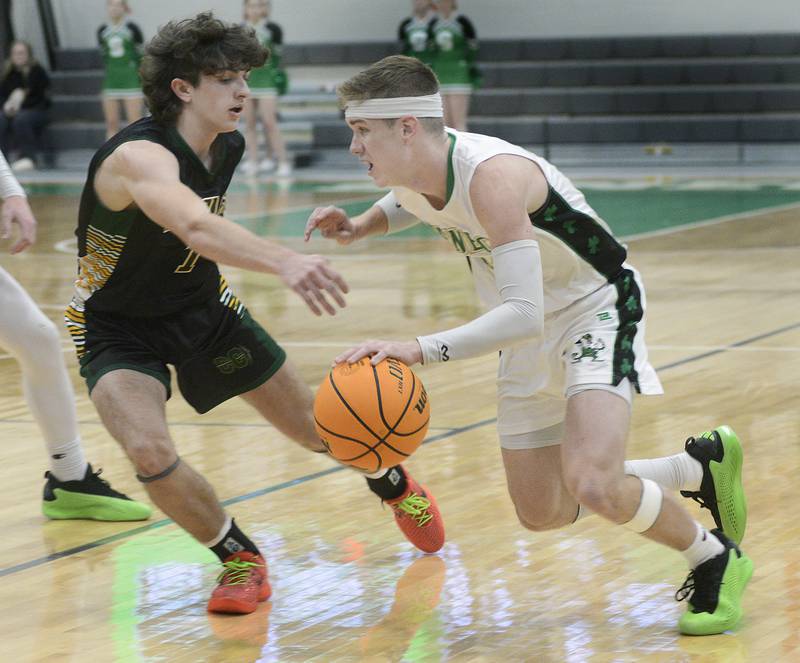 Seneca’s Paxton Giertz drives past Coal City’s Gavin Berger in the 1st period Friday during the Seneca Shipyard Showdown.