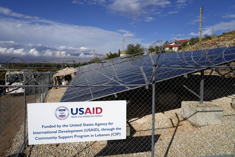 FILE - Solar panels system funded by United States Agency for International Development (USAID) are seen in the Lebanese-Syrian border town of Majdal Anjar, eastern Bekaa valley, Lebanon, Nov. 9, 2022. (AP Photo/Bilal Hussein, File)