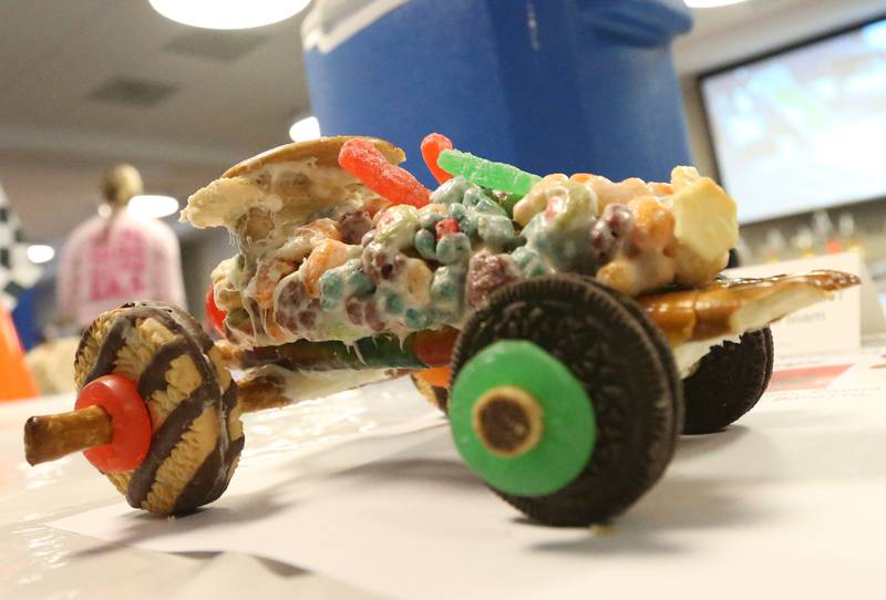 A car made entirely from food was on display before racing during the 18th annual Editable Car Contest on Wednesday, Feb. 28, 2024 at Illinois Valley Community College in Oglesby.