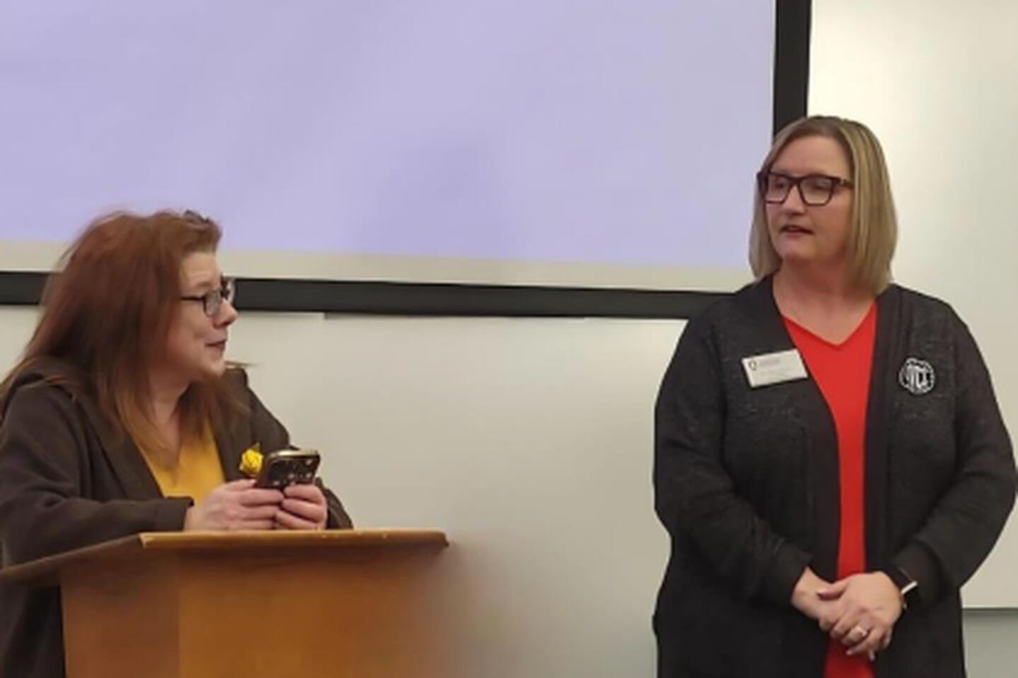IVCC Professor of English and Women and Gender Studies, Dr. Kimberly Radek-Hall (left), serves as President of the LaSalle-Peru Area Club of Zonta International. Here, she introduces IVCC President Dr. Tracy Morris who offers opening remarks at the March 8, 2025, Zonta International Spring Workshop at the college.