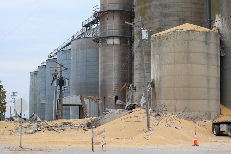 Harvested beans and concrete cover the ground after a concrete grain bin collapsed on Wednesday, Oct. 15, 2025, at the Donovan Farmers Co-Op Elevator in downtown Martinton. Power lines can be seen knocked to the ground in the rubble.