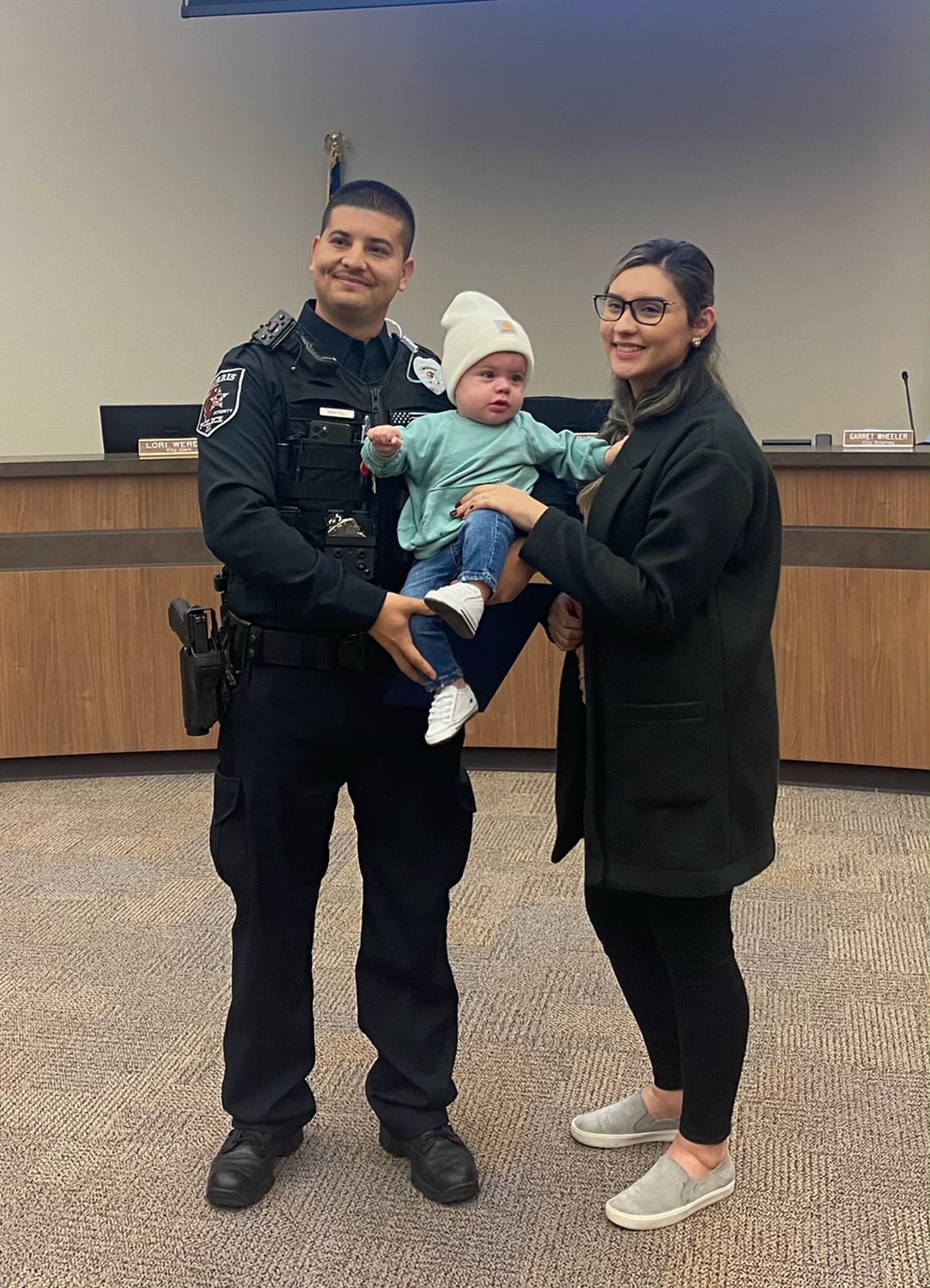 From Left: Officer Anthony Montiel with his 8-month-old  son, Zayden, and his fiancee Vanessa Jauregui.