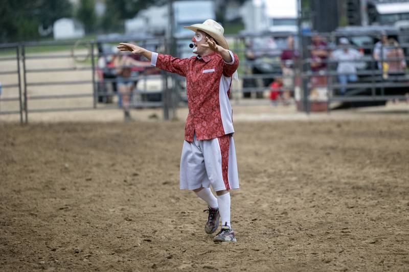 Next Level Pro Bronc entertainer Hippie Engelkes works the crowd Wednesday, August 14, 2024, at the Whiteside County Fair in Morrison.