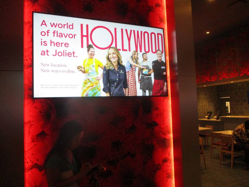 Advertising image on video board at Hollywood Casino Joliet promotes dining possibilities at the new casino. Aug. 7, 2024