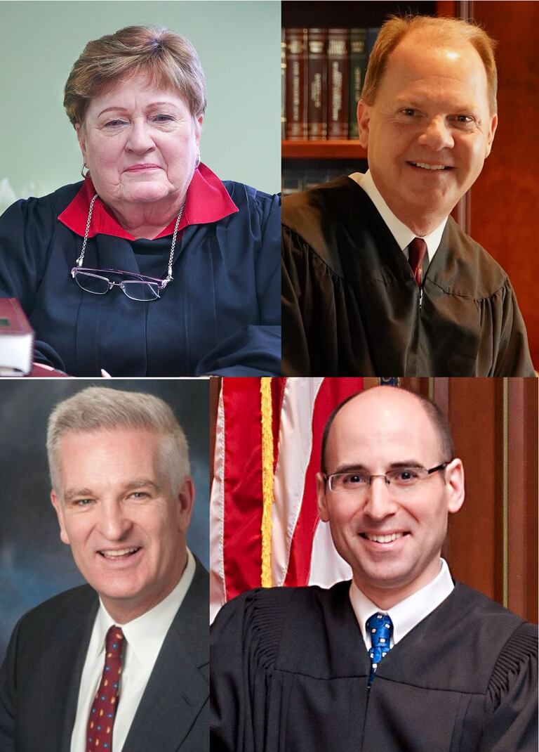 The Republican candidates for the Illinois Supreme Court District 2 vacancy include, clockwise starting in the top left corner, Appellate Court Judge Susan F. Hutchinson, Kane County Circuit Court Trial Judge John A. Noverini, Lake County Circuit Court Judge Daniel B. Shanes, and former Lake County Sheriff and congressional candidate Mark Curran.