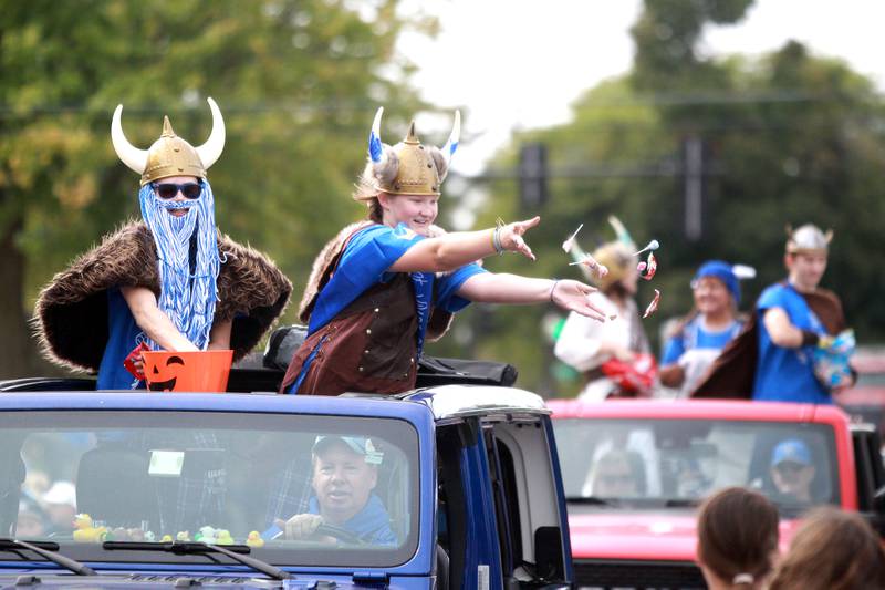 Geneva High School students Spencer Pearson and Sophie Peruba are the junior class’ Valiant Vikes on Friday, Sept. 27, 2024 during the school’s annual homecoming parade.