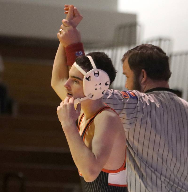 Crystal Lake Central’s Jackson Marlett wins a match with Jacobs’ Anthony Martinez at 113 pounds in varsity wrestling on Thursday, Jan. 16, 2025, at Jacobs High School in Algonquin.