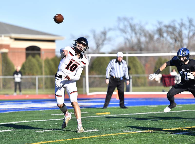 Barrington's quarterback Nick Peipert throws a pass during the IHSA class 8A semifinals playoff game against Lincoln-Way East on Saturday, Nov. 18, 2023, at Frankfort. (Dean Reid for Shaw Local News Network)