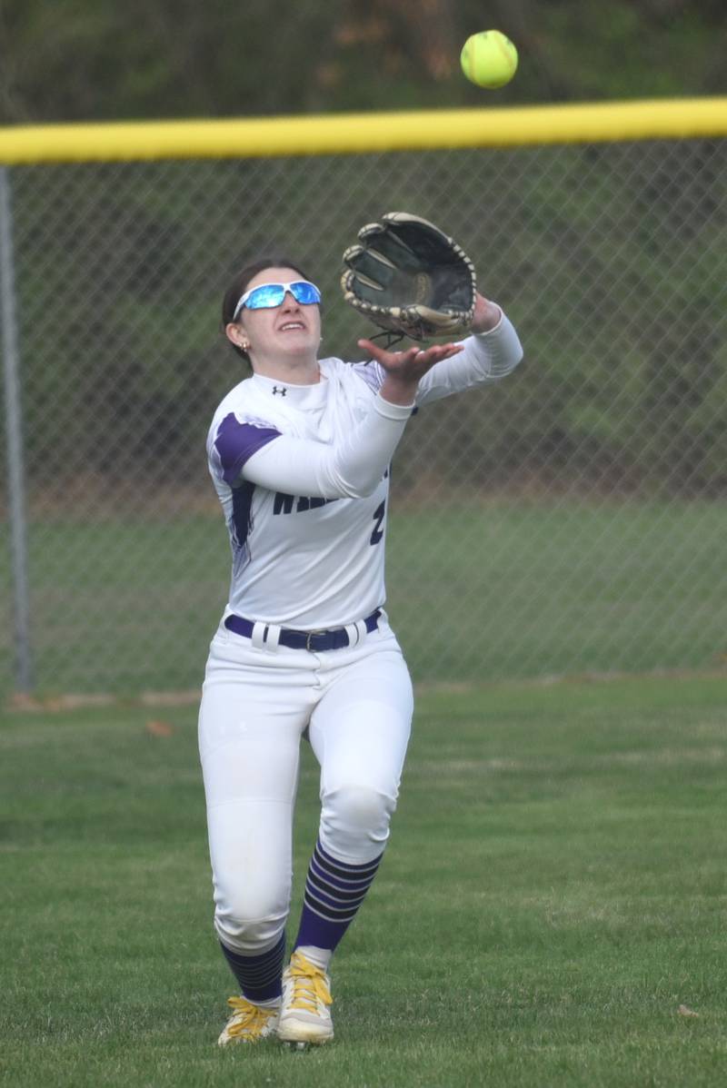 Wilmington's Sami Liaromatis catches a fly ball during a home game against Herscher Tuesday, April 15, 2025.