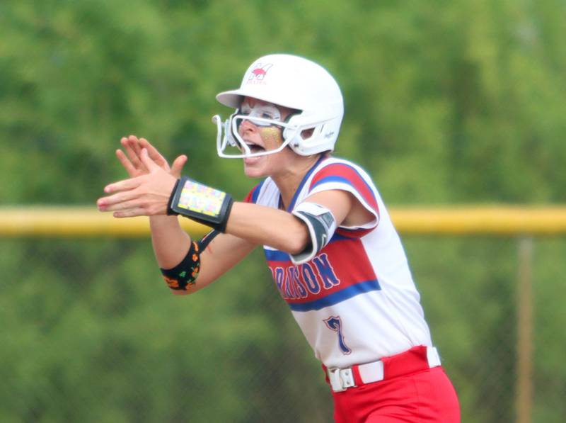 Morrison’s Bella Duncan gets excited pulling into second base with an RBI double against Marengo in IHSA Class 2A Sectional Semifinal softball action at Marian Central High School in Woodstock on Thursday, May 29, 2025.