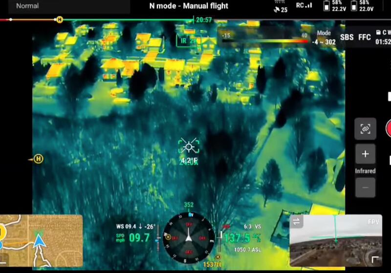 A thermal drone searches on Sunday, Jan. 5, 2025, for Charlie the lost dog from Crystal Lake. The search was conducted by Mike Smith of SmithicAir and Kat Cavanaugh of Dog Gone Pet Recovery.