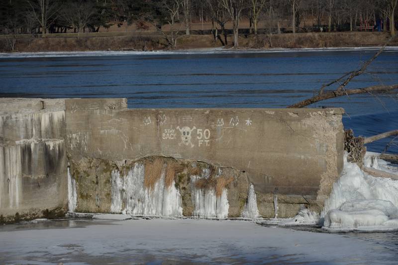 Ice forms on the west wall of the Oregon dam in the Rock River on Tuesday, Jan. 14, 2025. The cold temperatures are forecast to last through the week.