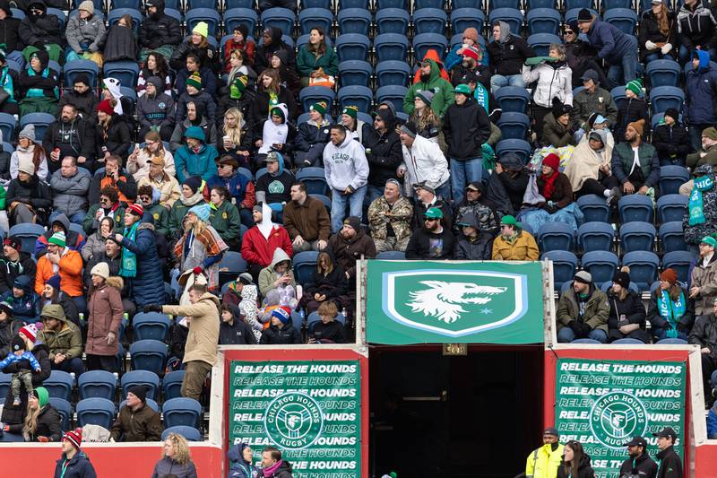 Fans get out of their seats as the Chicago Hounds make their way towards the try zone against NOLA Gold, at Seat Geek Stadium in Bridgeview, on Sunday April 23, 2023.