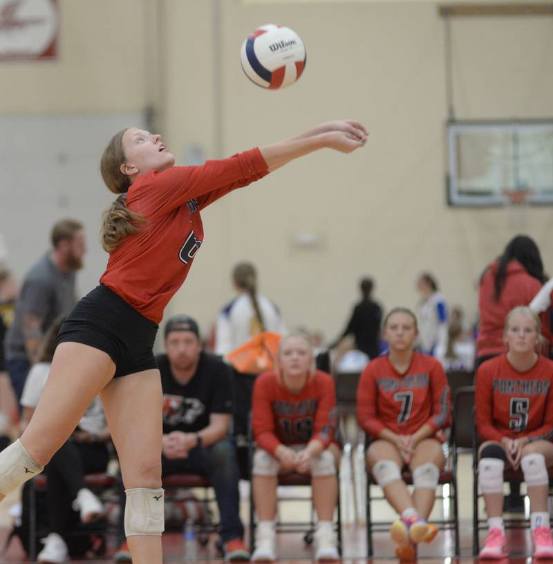 Erie-Prophetstown's Kaylee Keegan (6) digs the ball as her teammates watch during the third place match at the Oregon Varsity Girls Volleyball Tournament on Saturday, Sept. 6, 2025 at the Blackhawk Center in Oregon.