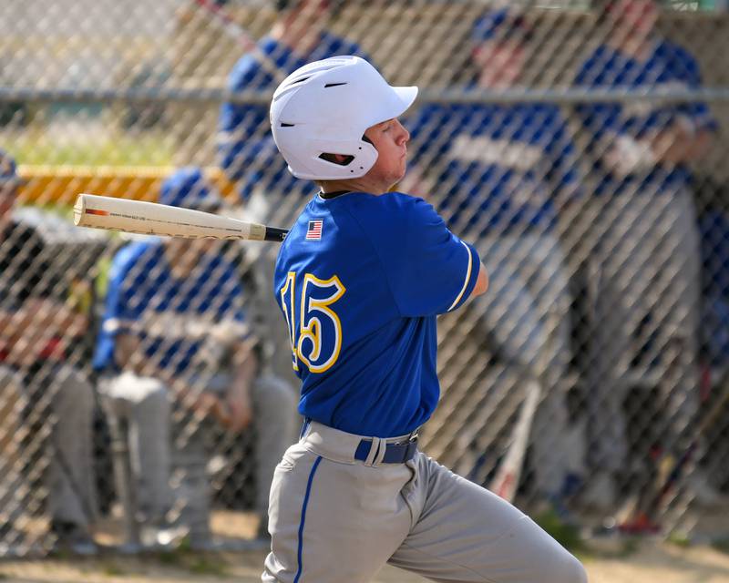 Somonauk's Luke Hartsell (15) makes contact with the ball on Tuesday May 13, 2025, during the game while taking on Newark High School held at Somonauk High School.