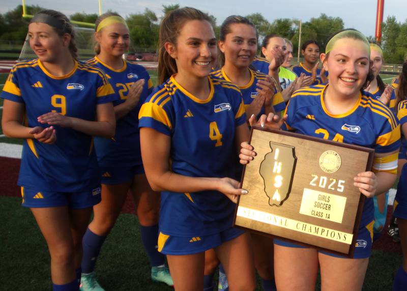 Johnsburg’s Skyhawks celebrate a 4-0 win over North Shore Country Day  in IHSA Class 1A Sectional Title Game girls soccer action at Richmond-Burton High School in Richmond on Tuesday, May 27, 2025.