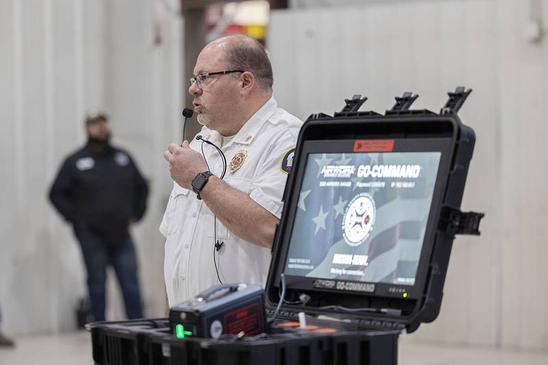 Dave Lohse, Deputy Chief of Dixon Fire, starts a demonstration at Sewer Equipment of Dixon of the department’s new rescue drone. A donation from the company, along with many others that came in from the area, helped make the purchasing and training of the device possible. Jim Shirk, engineering manager of Sewer Equipment of Dixon, died tragically while kayaking the Rock River. A drone such as this can help go towards saving lives.