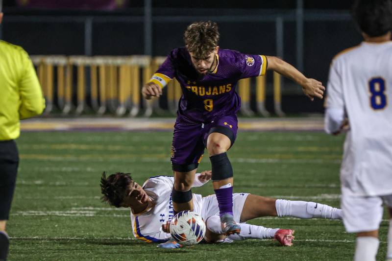 Leroy Arias of Mendota dribbles ball over player of Aurora Central Catholic High School on Saturday, November 2, 2024 at Richard E. Phalen, SR. Field in Mendota.
