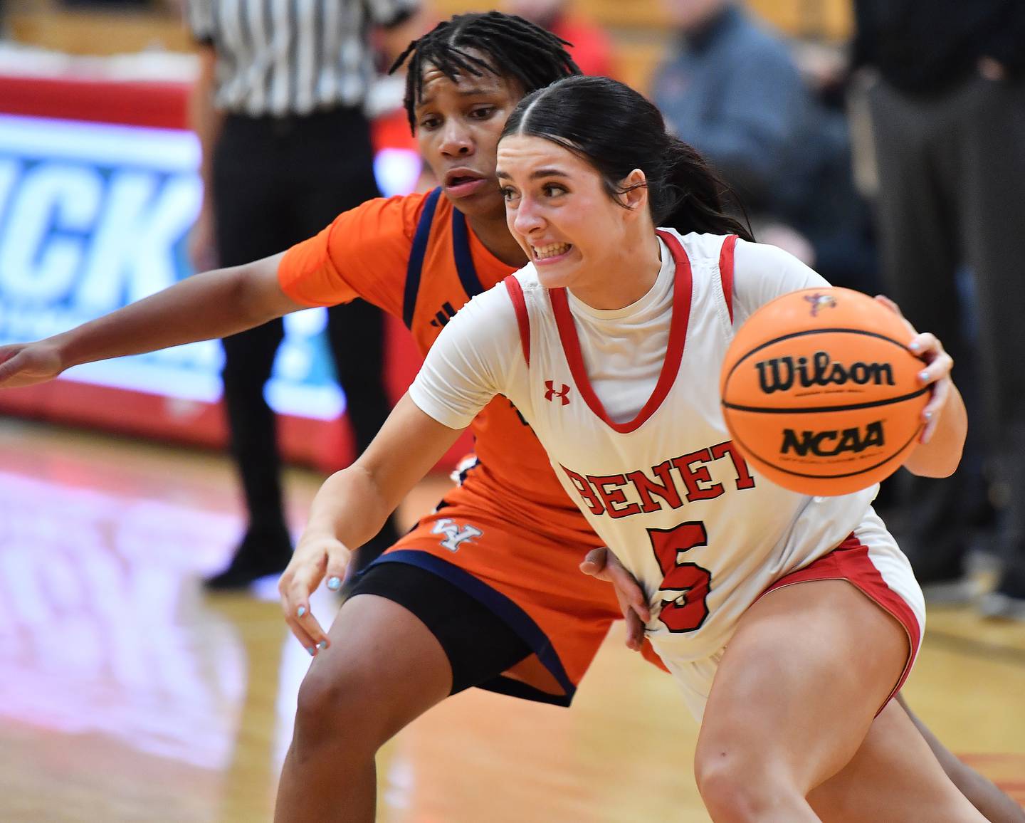 Benet’s Ava Thomas (5) drives past Whitney Young’s Yanni Smith during a Coach Kipp Hoopsfest game on January 19, 2026 at Benet Academy in Lisle.