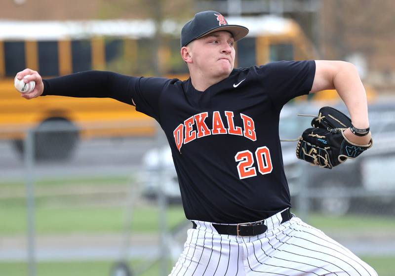 DeKalb's Hunter Kriese delivers a pitch Tuesday, May 5, 2026, during their game against Neuqua Valley at DeKalb High School.