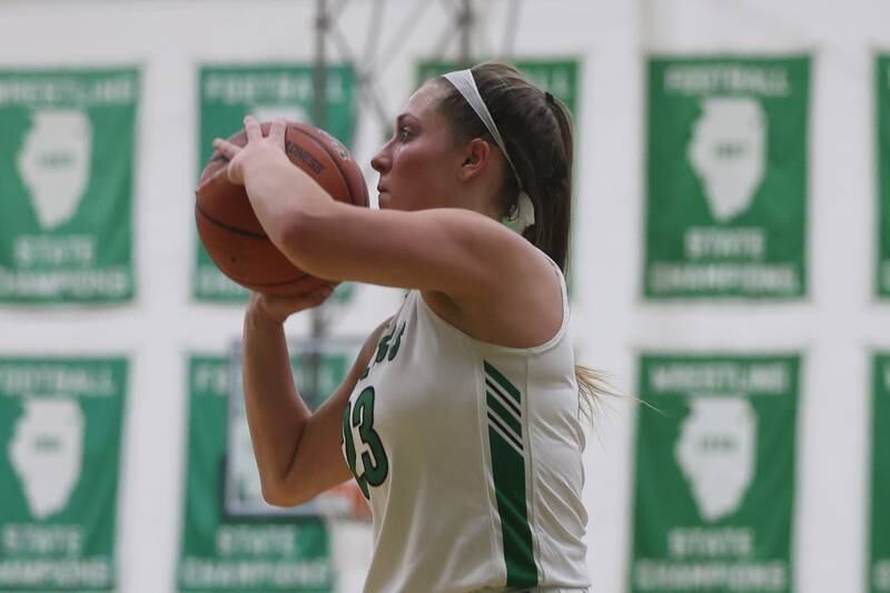 Providence’s Annalise Pietrzyk takes a three point shot against Minooka in the WJOL Basketball Tournament on Wednesday.